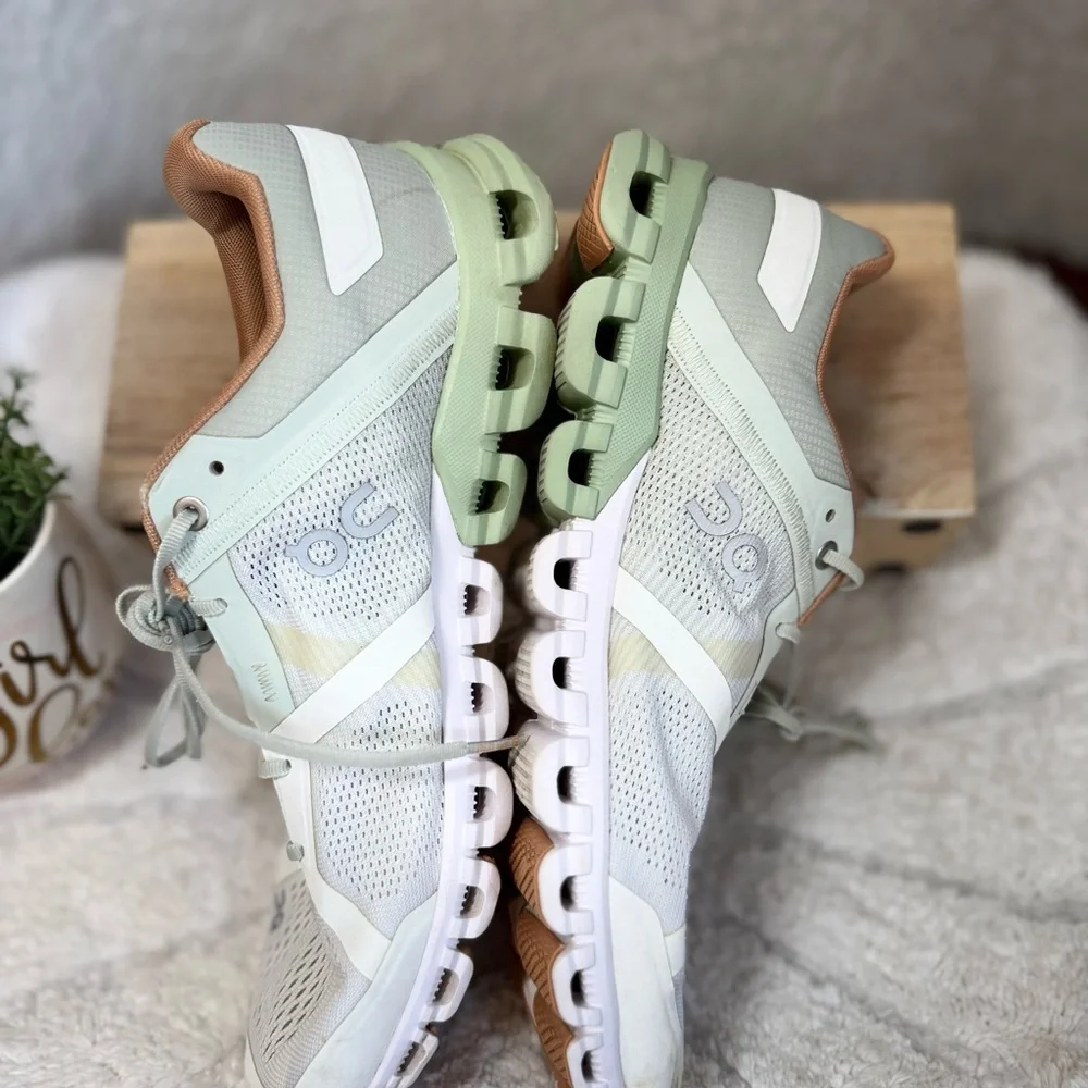 On Running green, White and Tan Sneakers